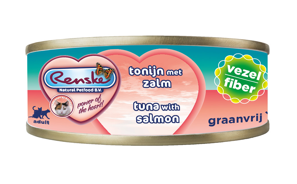 Renske Grain Free Fiber tonno con salmone cibo umido per gatti (lattine)