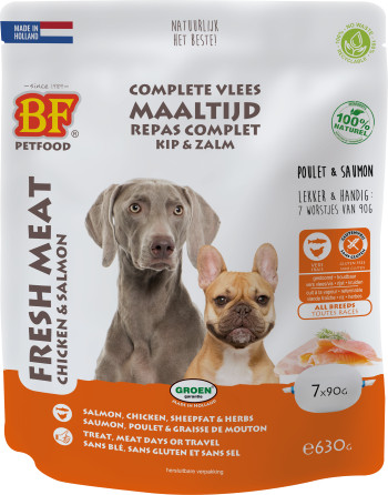 BF Petfood Salsicce - carne di pollo con salmone cibo umido per cani (90 g)