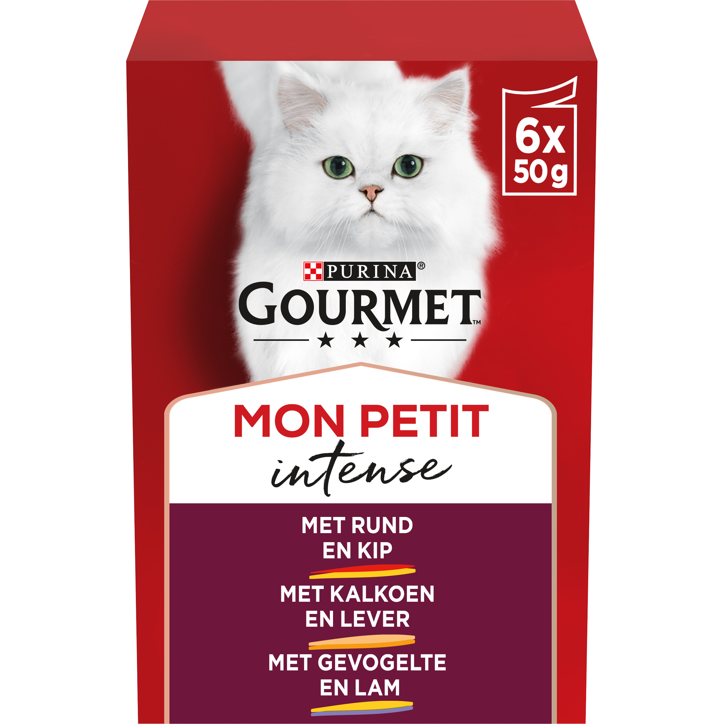 Gourmet Mon Petit Intense con manzo e pollo, tacchino e fegato, pollame e agnello per gatti