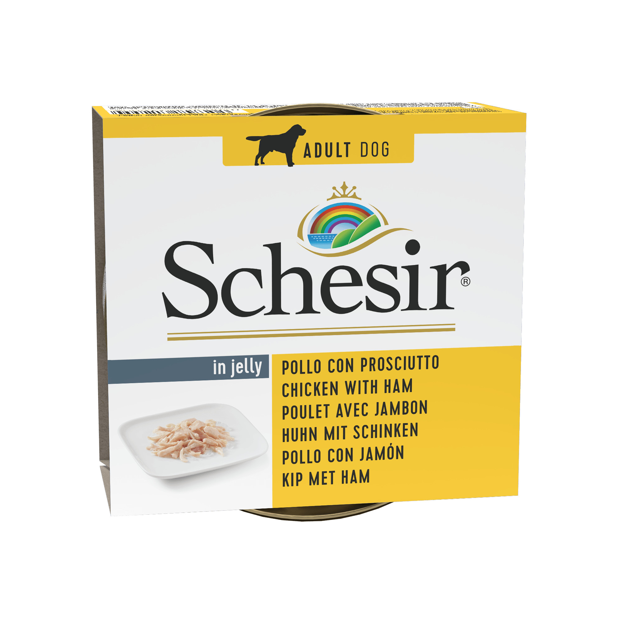 Schesir pollo con prosciutto (gelatina) cibo umido per cani (lattina)