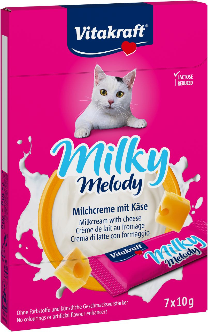 Immagine di 1 confezione Vitakraft Milky Melody Crema di latte con formaggio snack per gatto (7 x 10 g)