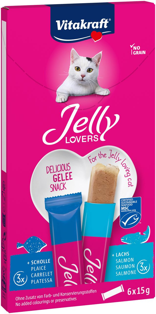 Immagine di 1 confezione Vitakraft Jelly Lovers con salmone e platessa snack per gatto (6 x 15 g)