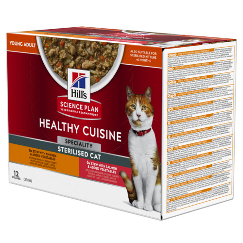 Hill's Healthy Cuisine Adult Sterilised spezzatino con pollo e verdure, salmone e verdure multipack per gatto