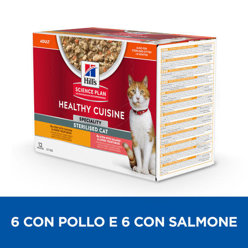 Hill's Healthy Cuisine Adult Sterilised spezzatino con pollo e verdure, salmone e verdure multipack per gatto