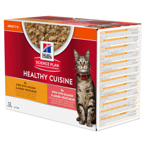 Hill's Healthy Cuisine Adult spezzatino con pollo e verdure, salmone e verdure multipack per gatto