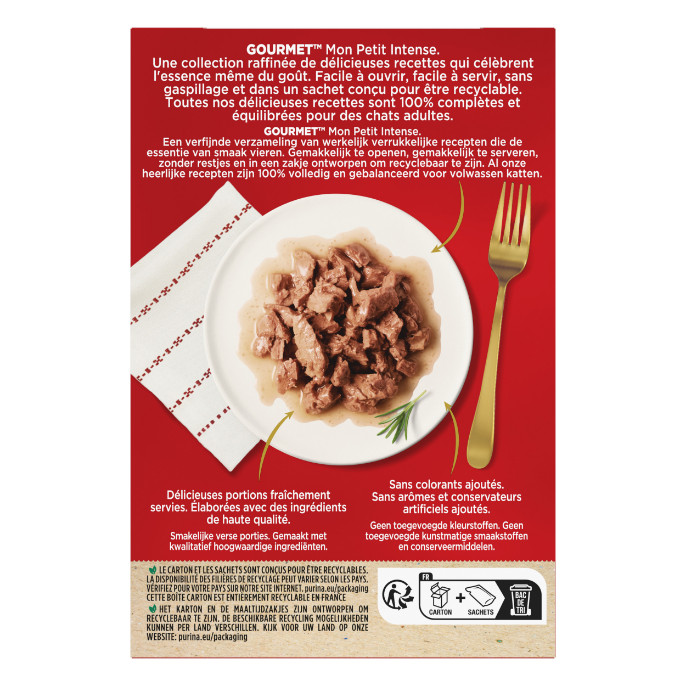 Gourmet Mon Petit Intense con tonno, salmone e trota cibo umido per gatti