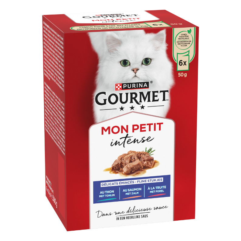 Gourmet Mon Petit Intense con tonno, salmone e trota cibo umido per gatti