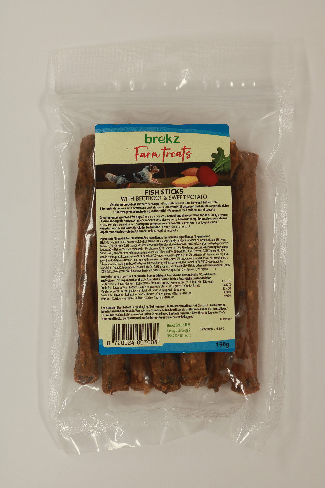 Brekz Farm Treats Bastoncini al pesce bianco con barbabietola e patate dolci snack per cani