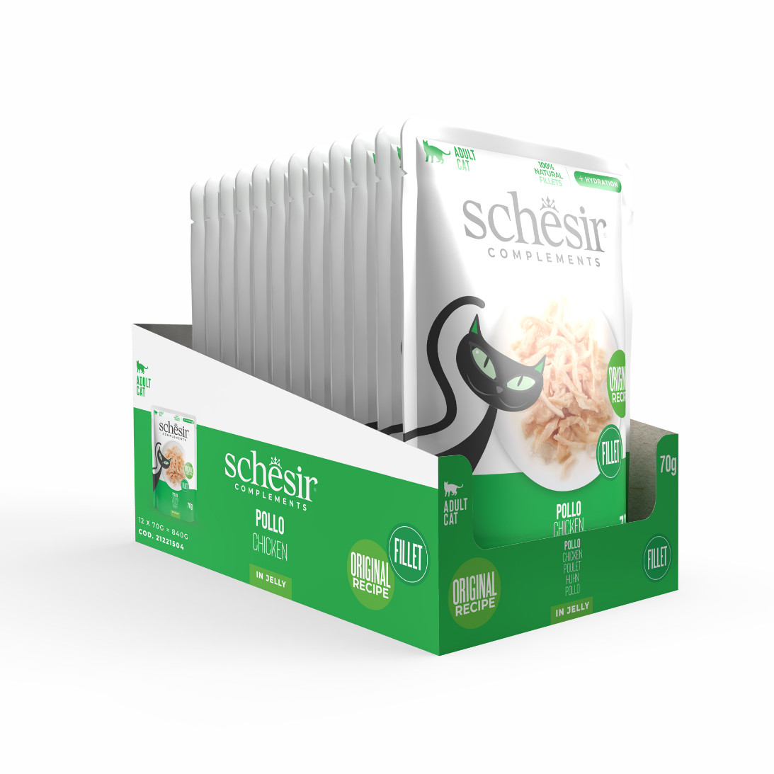 Schesir tonijn, kip met ham (jelly) natvoer kat (zakjes 85 g)