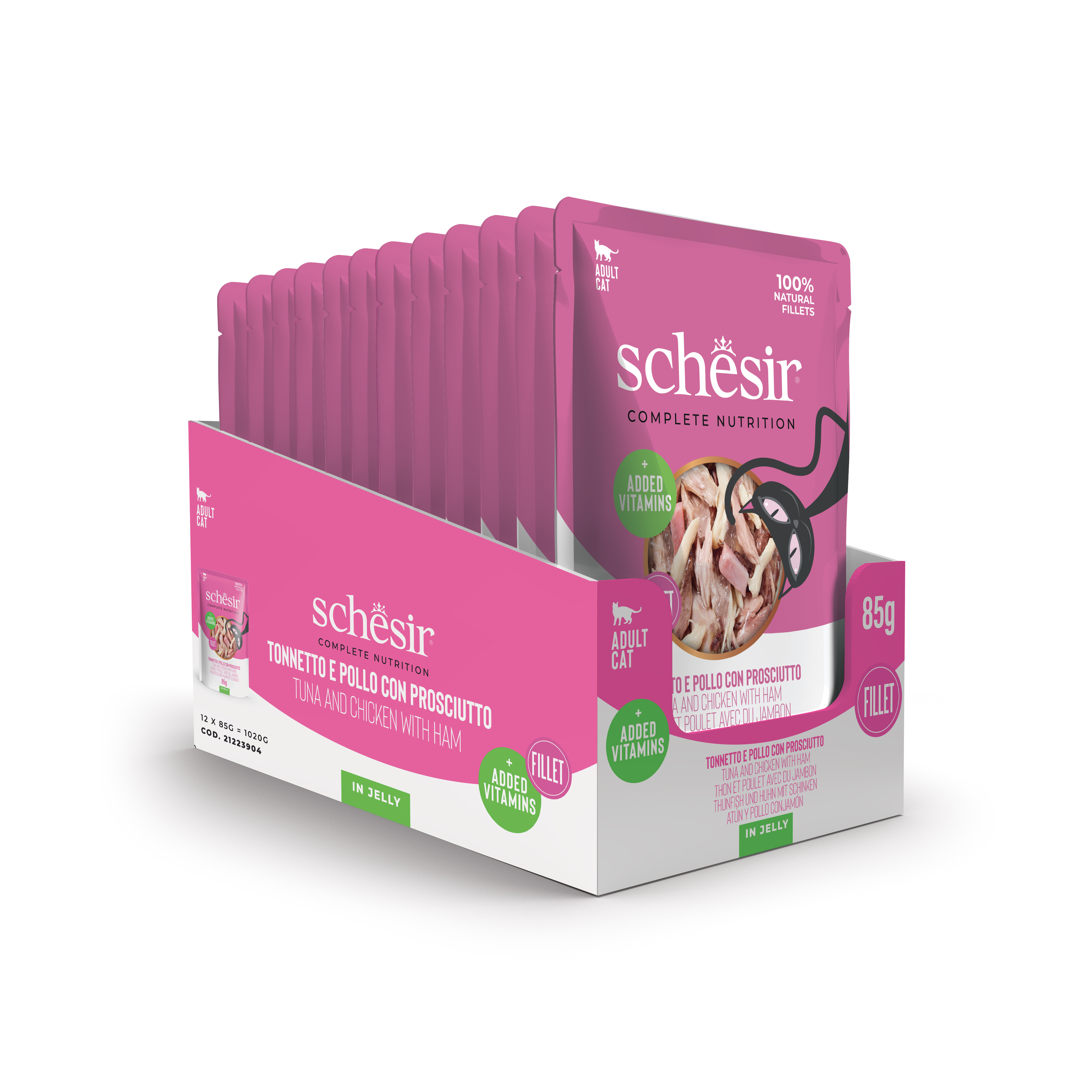 Schesir tonijn, kip met ham (jelly) natvoer kat (zakjes 85 g)