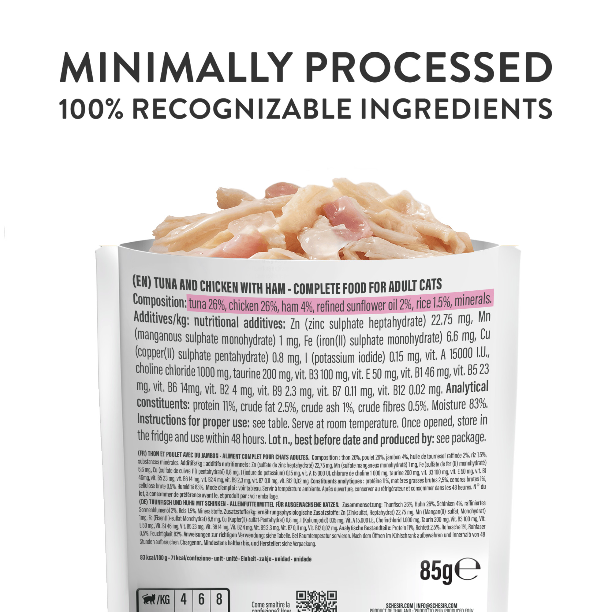 Schesir tonijn, kip met ham (jelly) natvoer kat (zakjes 85 g)