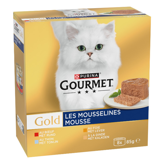 Gourmet Gold Mousse con tonno, fegato, tacchino, manzo per gatto (85 g)