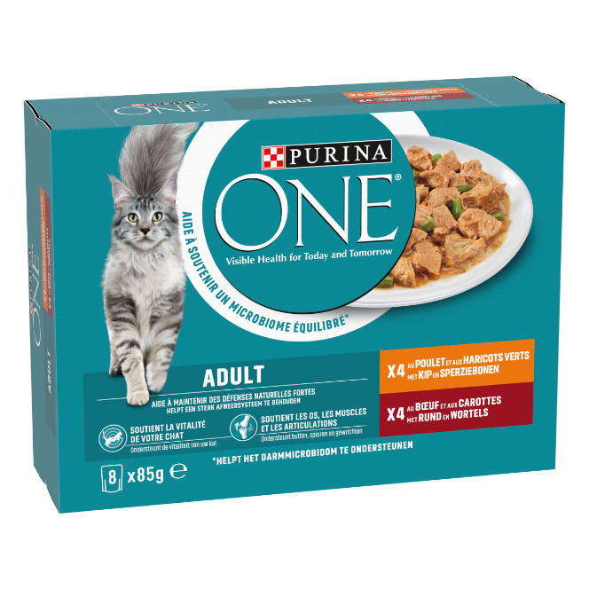 Purina One Adult reepjes in saus met kip en sperziebonen, rund en wortel natvoer kat (8x85g)