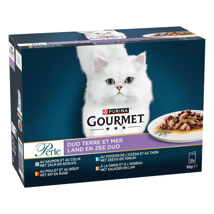 Gourmet Perle Land en Zee Duo met kip+rund en zalm+koolvis natvoer kat (12x85g)