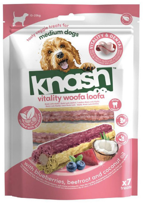 Knash Vitality Woofa Loofa Sticks met bosbessen, rode biet en kokosolie hondensnack