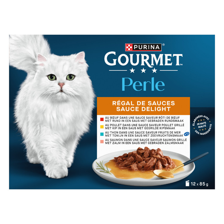 Gourmet Perle Sauce Delight- rund/kip/tonijn/zalm 12x85g  nat kattenvoer