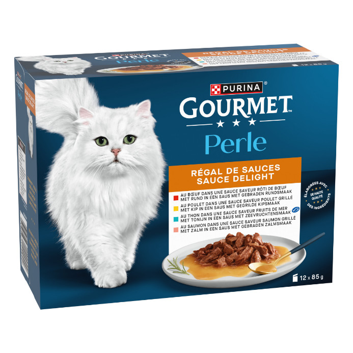 Gourmet Perle Sauce Delight- rund/kip/tonijn/zalm 12x85g  nat kattenvoer