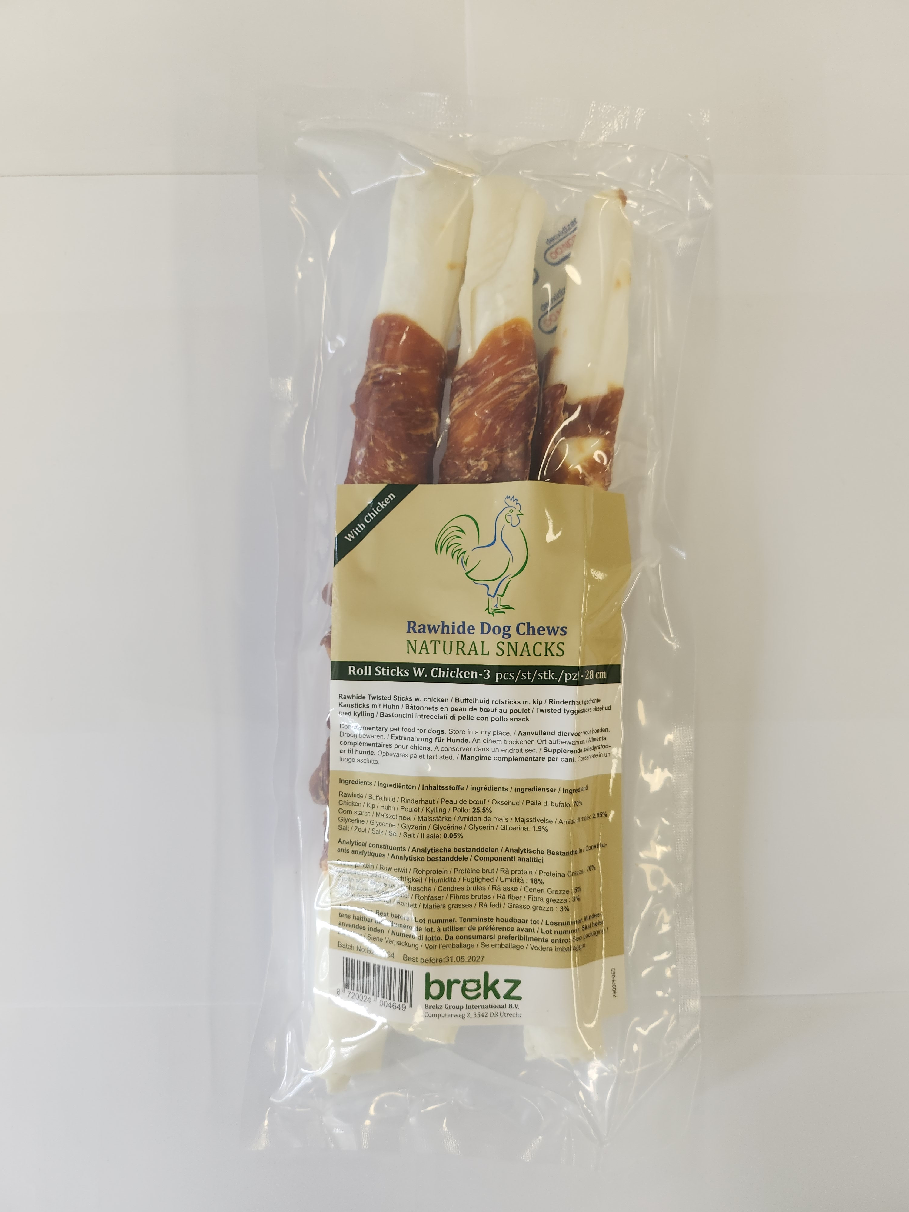 Brekz Rawhide bastoncini pelle di bovina con pollo per cane (28 cm)