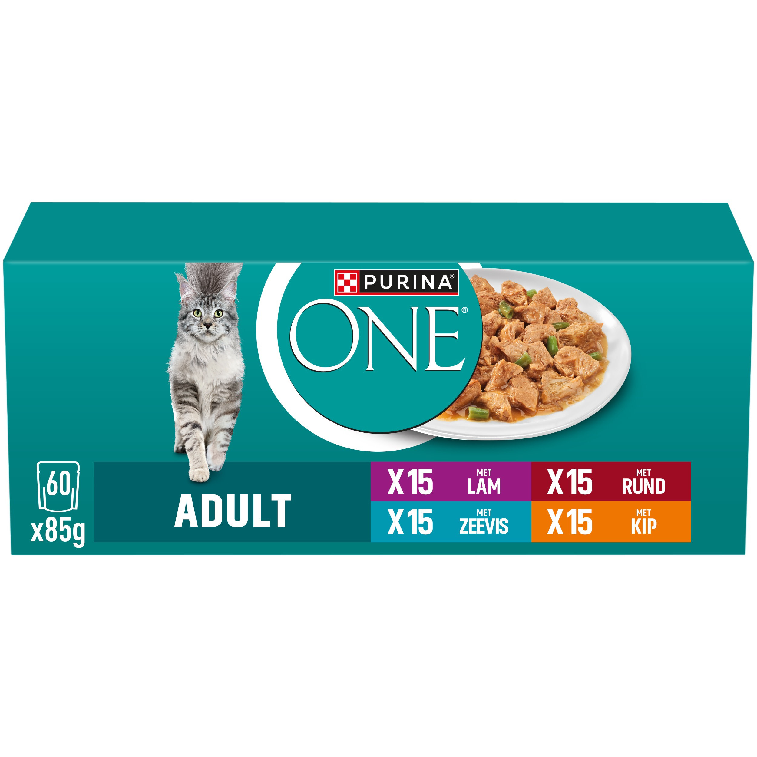 Purina One Adult met lam, zeevis, rund en kip natvoer kat (multipack)
