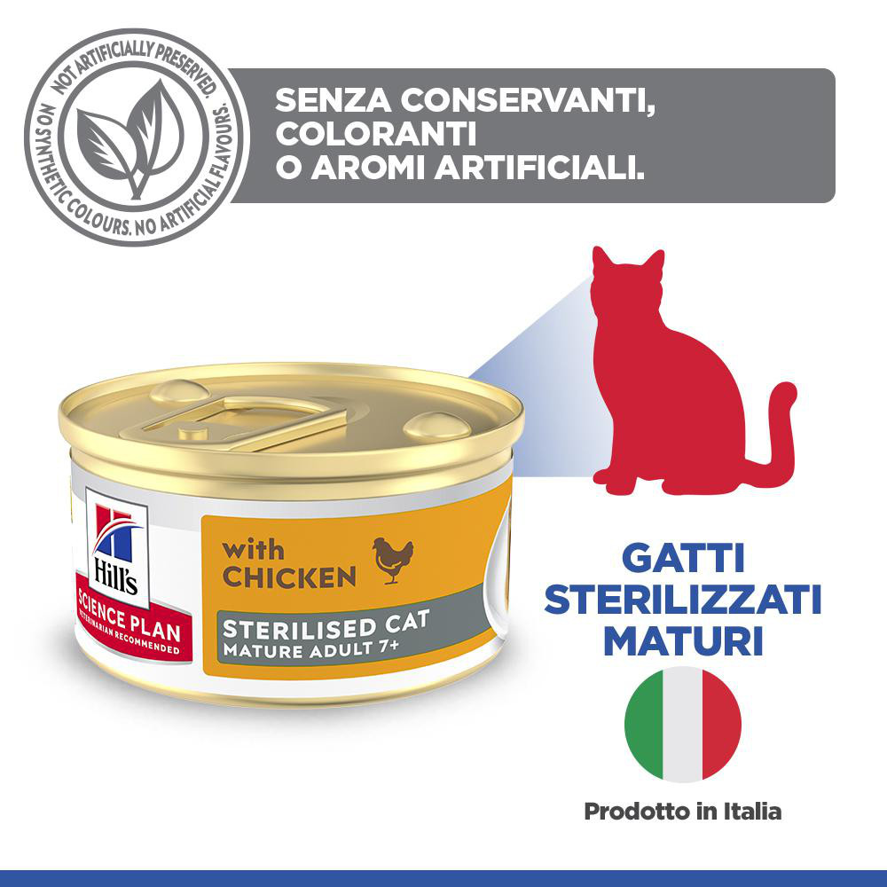 Hill's Mature Adult Sterilised Cat cibo umido con pollo per gatto (mousse, lattine)