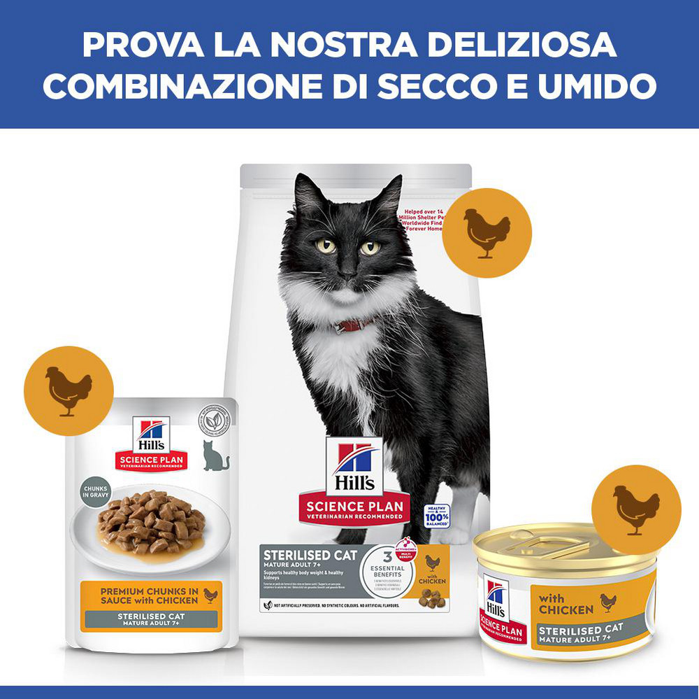Hill's Mature Adult Sterilised Cat cibo umido con pollo per gatto (mousse, lattine)